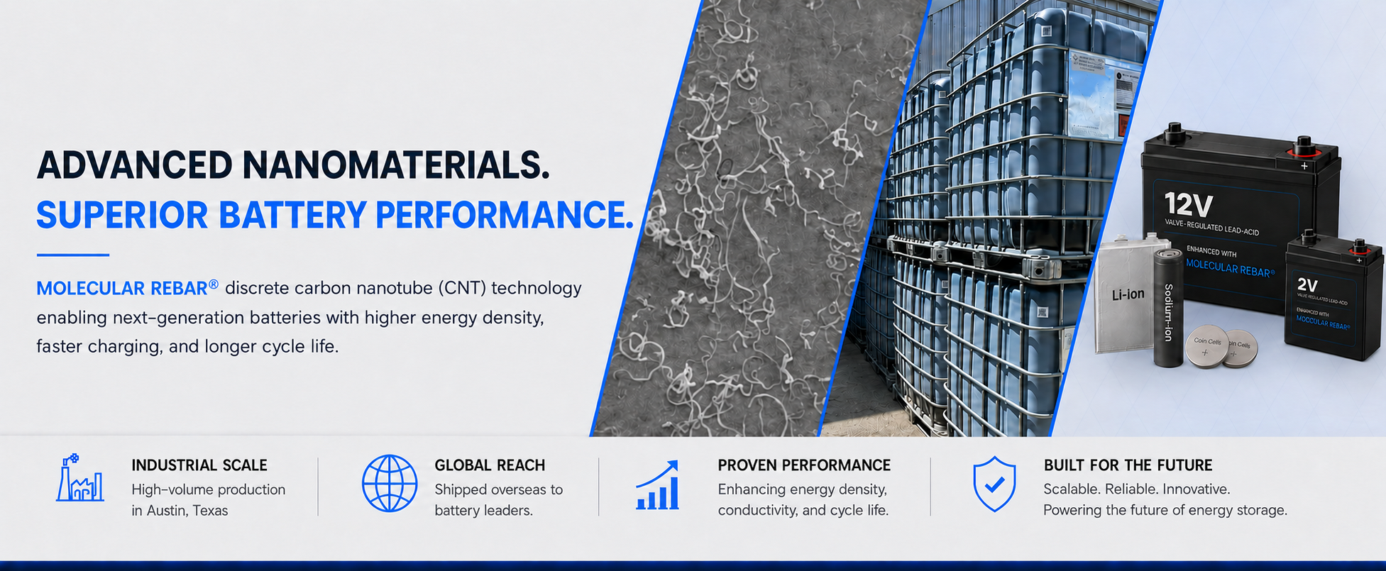 Black Diamond Structures advanced nanomaterials for superior battery performance, featuring discrete carbon nanotube (CNT) technology and industrial production for lead-acid, lithium-ion, sodium-ion, and coin-cell applications