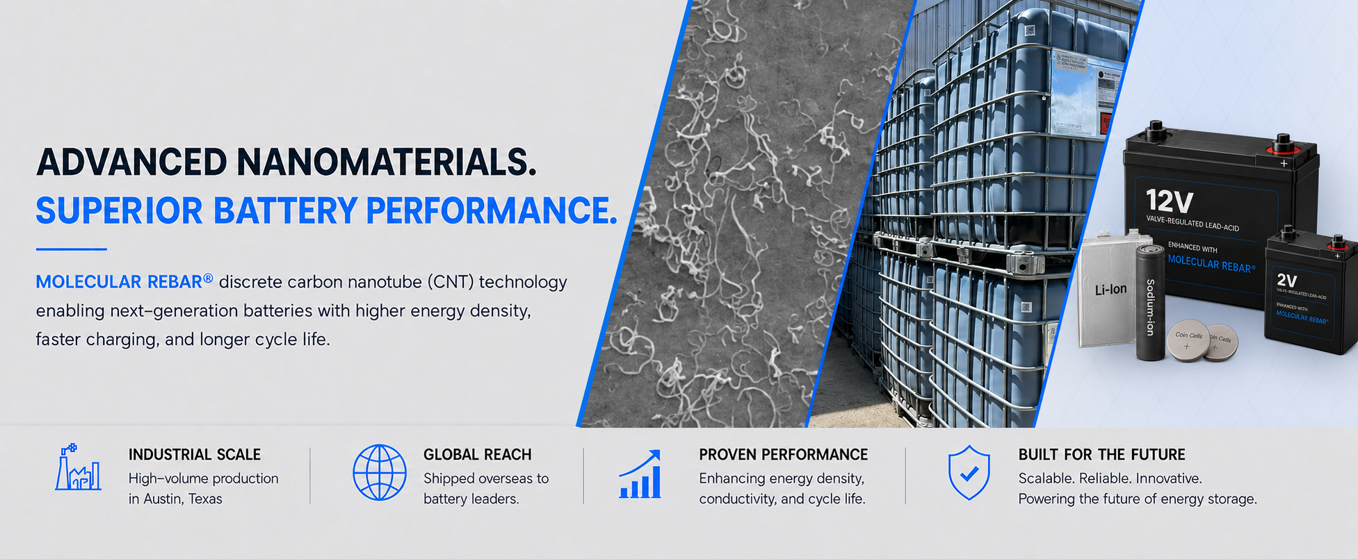 Black Diamond Structures advanced nanomaterials for superior battery performance, featuring discrete carbon nanotube (CNT) technology and industrial production for lead-acid, lithium-ion, sodium-ion, and coin-cell applications